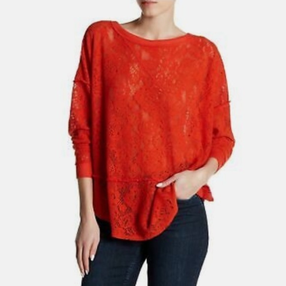 Free people boho mandarin orange lace crochet oversized pullover top xs - Picture 1 of 8